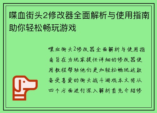 喋血街头2修改器全面解析与使用指南助你轻松畅玩游戏
